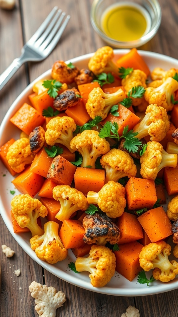 A colorful plate of roasted cauliflower and yams, garnished with parsley, on a rustic wooden table.